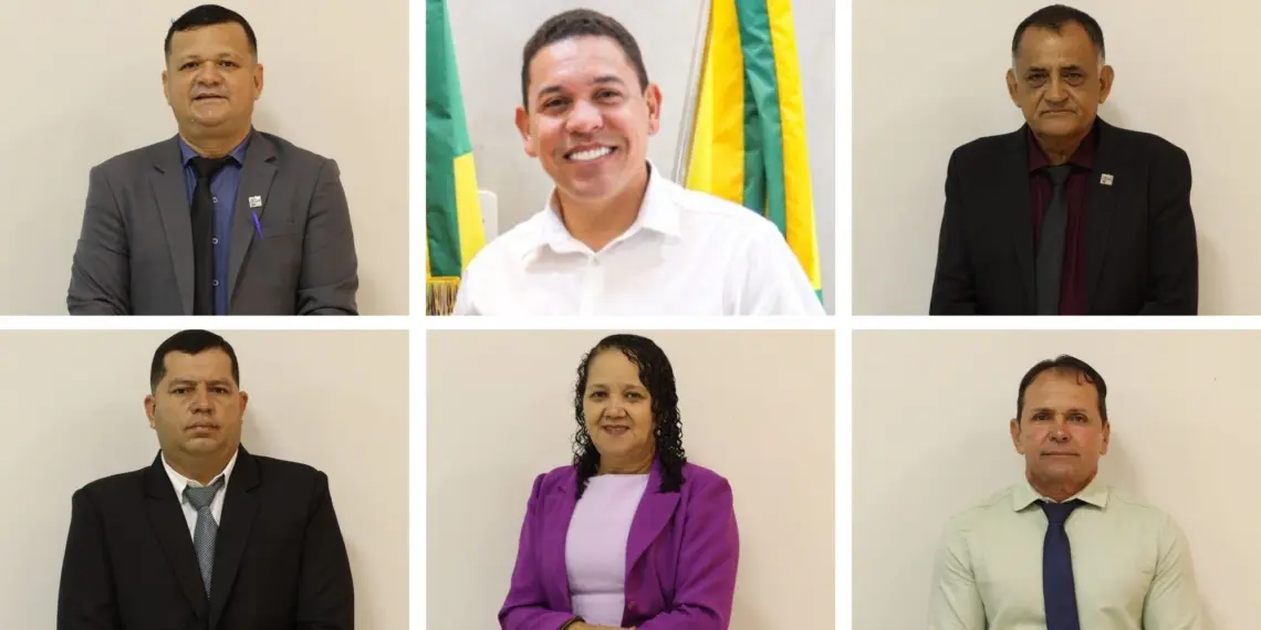Acima, da esquerda/direita: Thyero, prefeito Jerry Correia e Moura. Abaixo: Gilson Boiadeiro, Toinha Cavalcante e Jura Pacheco (Montagem: Reprodução)