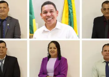 Acima, da esquerda/direita: Thyero, prefeito Jerry Correia e Moura. Abaixo: Gilson Boiadeiro, Toinha Cavalcante e Jura Pacheco (Montagem: Reprodução)