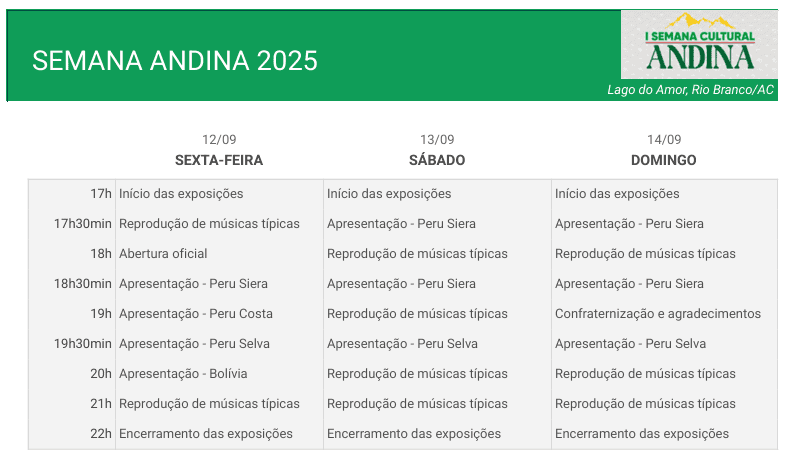 Primeira Semana Cultural Andina inicia nesta sexta-feira no Lago do Amor