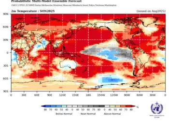 Previsão da OMM para setembro a novembro de 2025 indica calor acima da média em grande parte do planeta (vermelho), áreas mais frias em azul e condições normais em cinza. — Foto: WMO