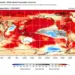 Previsão da OMM para setembro a novembro de 2025 indica calor acima da média em grande parte do planeta (vermelho), áreas mais frias em azul e condições normais em cinza. — Foto: WMO