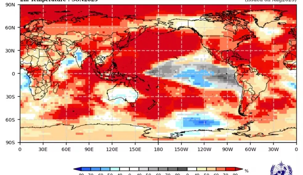 Previsão da OMM para setembro a novembro de 2025 indica calor acima da média em grande parte do planeta (vermelho), áreas mais frias em azul e condições normais em cinza. — Foto: WMO