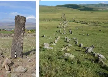 Um exemplo de um monumento em Shamiram (região de Aragatsotn) e um alinhamento de rochas em Hartashen (região de Shirak), Armênia, em meados do segundo milênio a.C. — Foto: Vahe Gurzadyan et al.