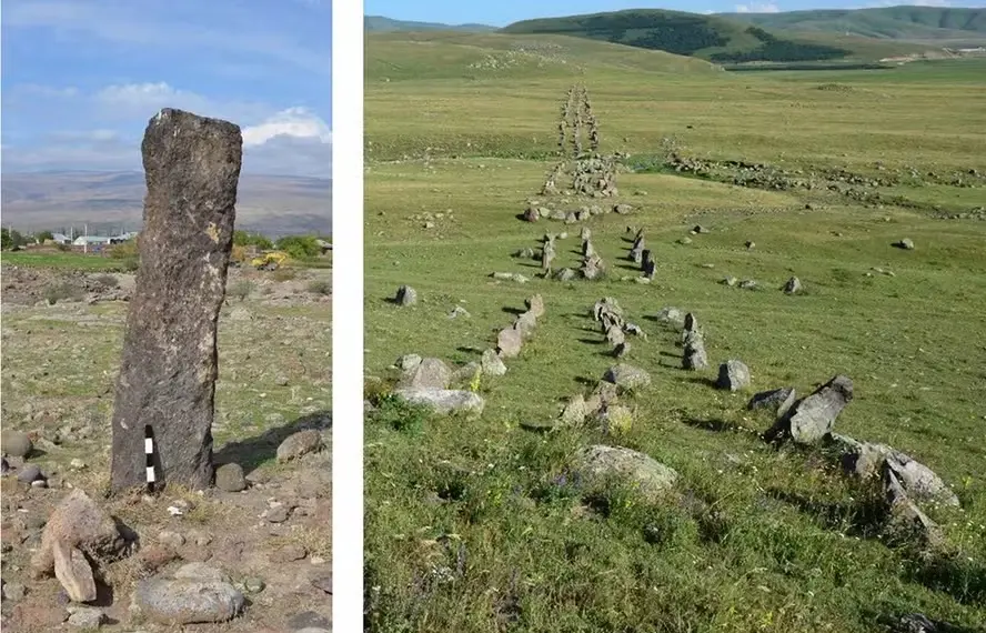 Um exemplo de um monumento em Shamiram (região de Aragatsotn) e um alinhamento de rochas em Hartashen (região de Shirak), Armênia, em meados do segundo milênio a.C. — Foto: Vahe Gurzadyan et al.