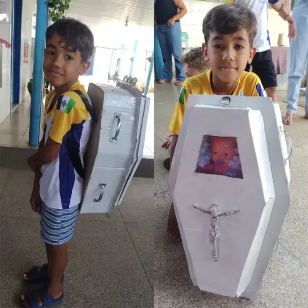 VÍDEO: Menino leva 'mochila maluca' em formato de caixão para escola como homenagem ao pai