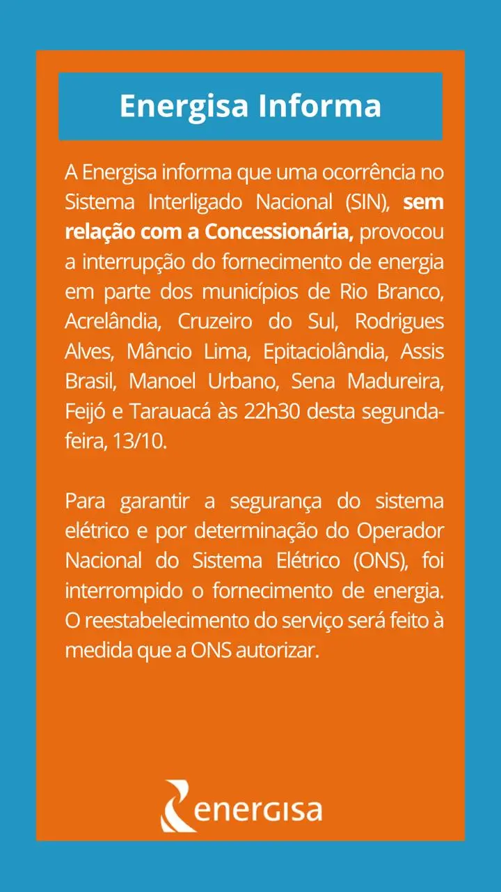 Falha no Sistema Interligado Nacional causa apagão em Rio Branco e mais 10 cidades do Acre