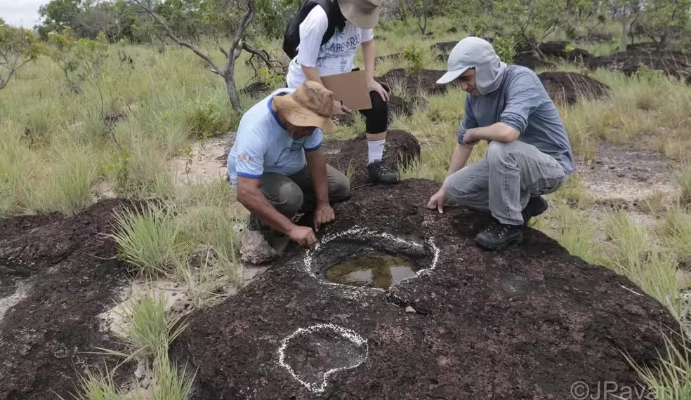 Pesquisa inédita descobre pegadas de dinossauros de mais de 100 milhões de anos na Amazônia 1 Pegadas de dinossauros encontradas em Roraima são estudadas há mais de 10 anos. — Foto: JPavani/Reprodrução