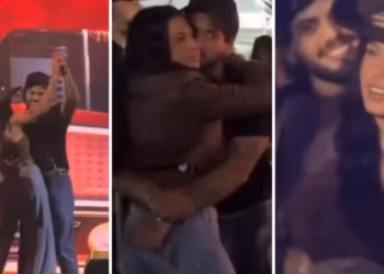 Ana Castela e Zé Felipe dançam coladinhos e trocam beijos em show de Leonardo: 'Conheci uma morena, que me deixou amarrado'