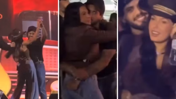 Ana Castela e Zé Felipe dançam coladinhos e trocam beijos em show de Leonardo: 'Conheci uma morena, que me deixou amarrado'