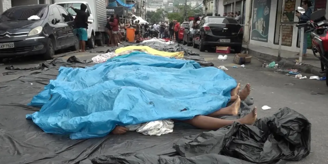 Comunidade do Rio amanhece com fila de corpos em praça após megaoperação 1 saldo final incluiu 60 suspeitos de crimes e 4 policiais mortos (dois policiais civis e dois policiais militares do Bope) • CNN