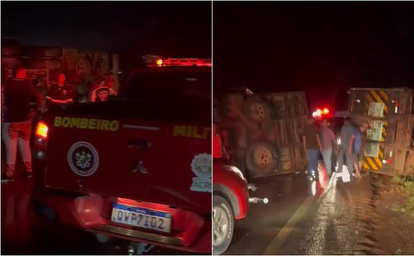 Acidente entre duas carretas mobiliza Bombeiros no km 21 da BR-364, no Acre