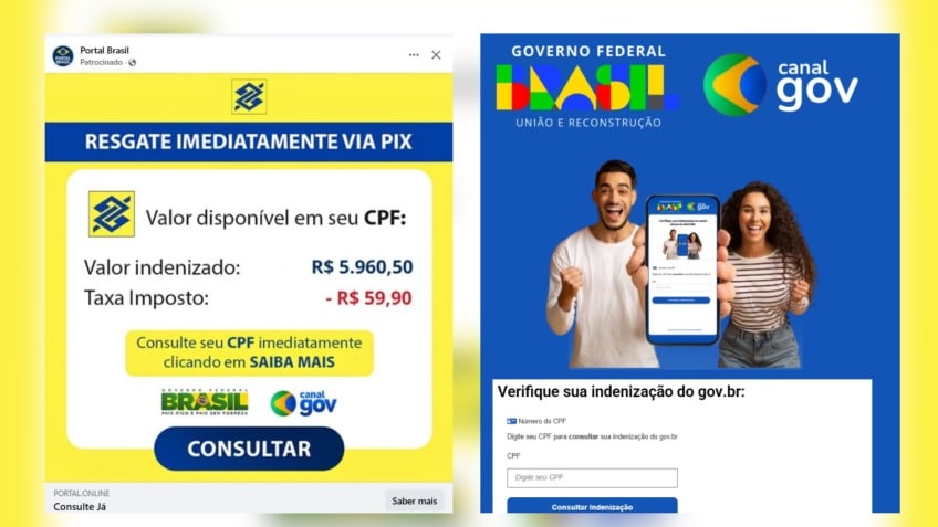 Grupo que usa falso site do governo para aplicar golpes é alvo de operação 1 As propagandas prometiam uma indenização de quase R$ 6 mil por um suposto vazamento de dados. • Reprodução