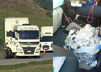 Rodoanel ficou interditado por mais de 5 horas; motorista estava amarrado e simulacros de bomba estavam dentro de carreta • Reprodução/Polícia Militar