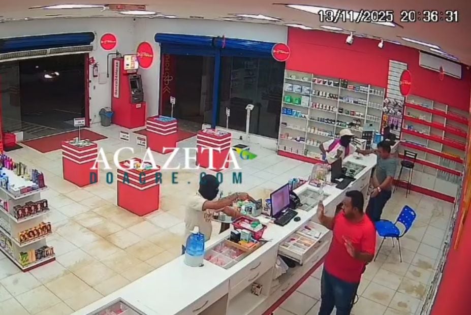 Câmeras registram ação criminosa em farmácia antes de perseguição que terminou com detenções em Rio Branco; ASSISTA
