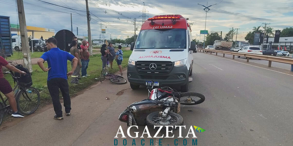 Idoso de 75 anos sofre traumatismo após colisão entre bicicleta e moto na BR-364, em Rio Branco