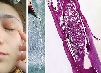 Mulher tem verme vivo de 11 cm retirado do olho 2 Nas imagens, é possível visualizar a lesão deixada pelo parasita sobre o olho da paciente (A), o verme depois de ser retirado cirurgicamente (B) e as microfilárias observadas no interior do Dirofilaria repens (C) — Foto: Ruxandra Moroti Constantinescu; Gabriela Andreea Dumitru