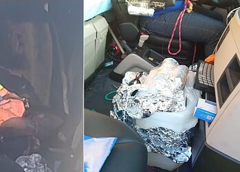 Imagens da PM mostram artefatos dentro da carreta que está atravessada no Rodoanel — Foto: Reprodução