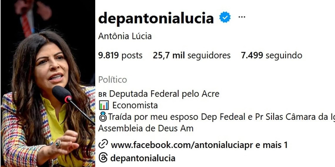 Deputada Antônia Lúcia usa bio do Instagram para expor suposta traição do marido Silas Câmara