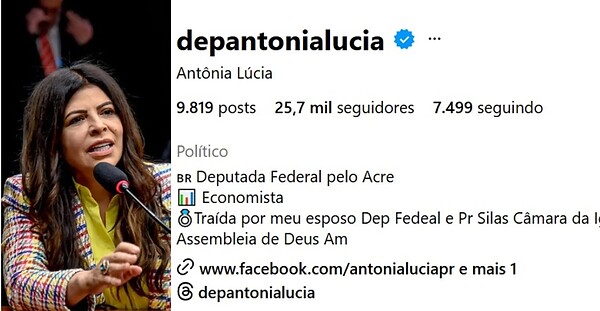 Deputada Antônia Lúcia usa bio do Instagram para expor suposta traição do marido Silas Câmara