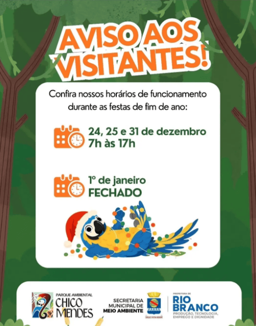 Parque Chico Mendes terá horários especiais durante festas de fim de ano em Rio Branco; confira 2 Parque Chico Mendes terá horários especiais durante festas de fim de ano em Rio Branco; confira