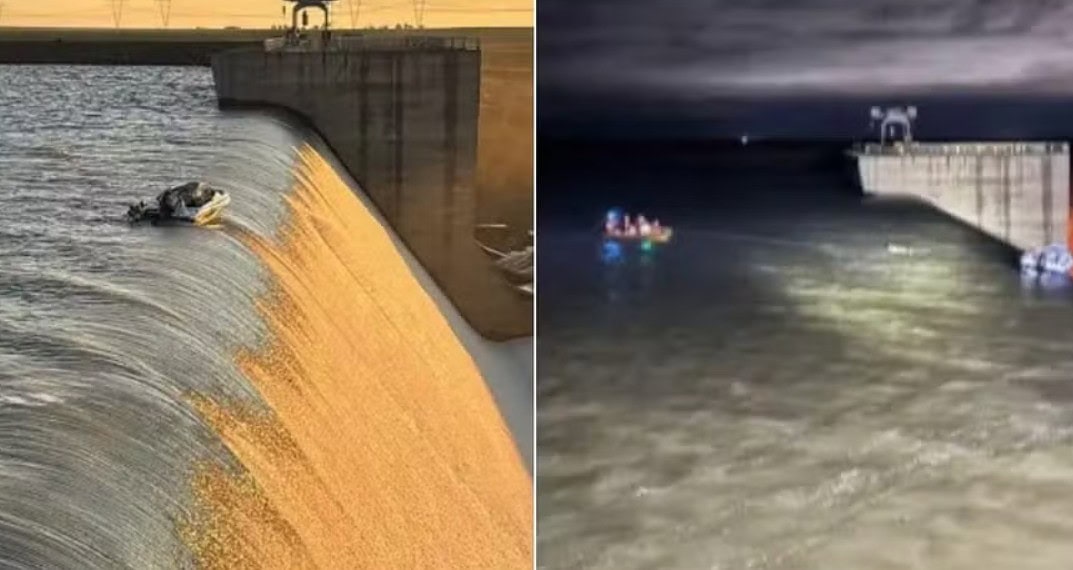 Quatro pessoas ficam encalhadas em barco à beira de enorme queda d'água na África do Sul; à direita, o resgate — Foto: Reprodução/N17 Emergency Response