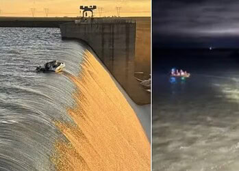 Quatro pessoas ficam encalhadas em barco à beira de enorme queda d'água na África do Sul; à direita, o resgate — Foto: Reprodução/N17 Emergency Response