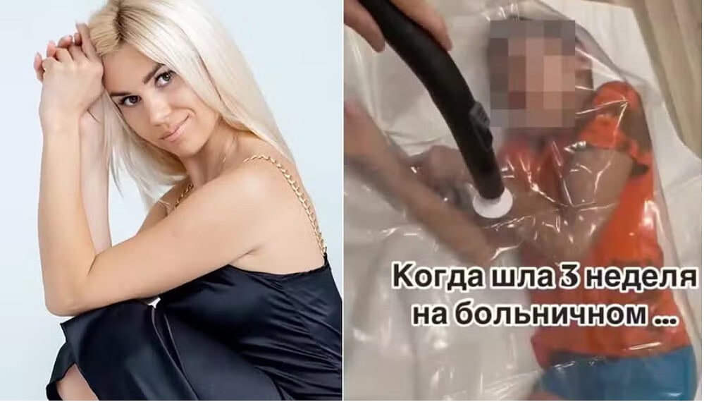 Influencer causa revolta ao usar selador a vácuo com filho de 10 anos 1 Influencer russa Anna Saparina causou revolta na web ao usar selador a vácuo com filho de 10 anos — Foto: Reprodução