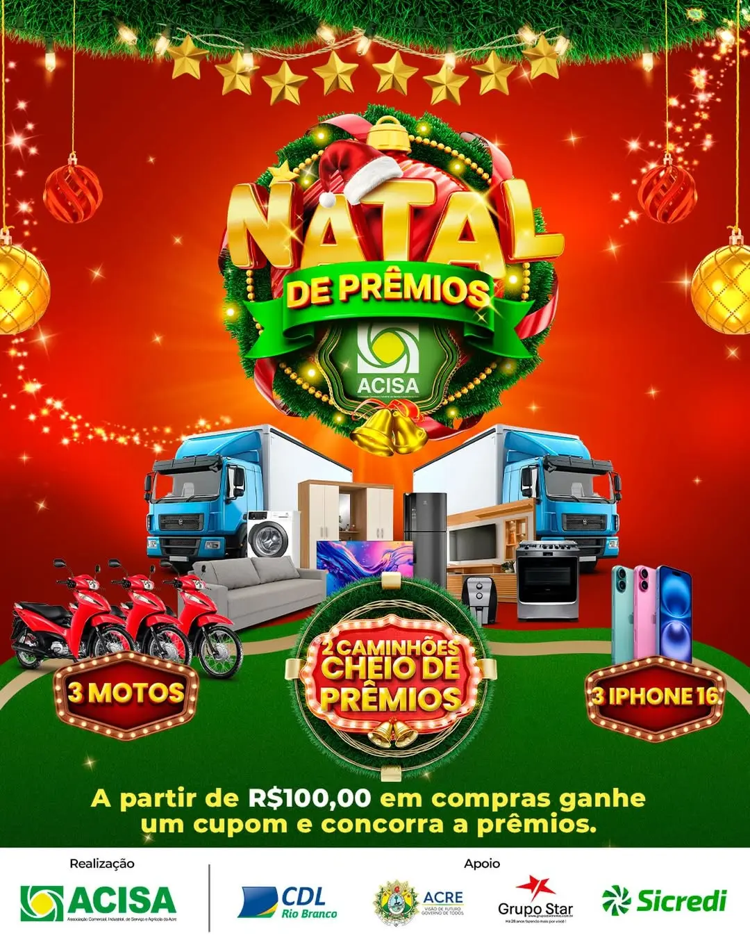 Campanha 'Natal de Prêmios da ACISA' que sorteia iPhones, motos e caminhões de prêmios termina nesta terça