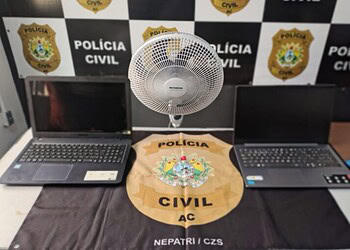 Notebooks e ventilador furtados do Sintesac foram recuperados pela Polícia Civil - Foto: Arquivo/PCAC