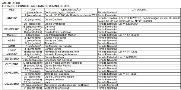 Rio Branco divulga calendário de feriados e pontos facultativos para 2026 2 Rio Branco divulga calendário de feriados e pontos facultativos para 2026