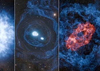 Esta ilustração artística mostra um evento hipotético conhecido como superquilonova. Uma estrela massiva explode em uma supernova (à esquerda), gerando elementos como carbono e ferro. Em seguida, duas estrelas de nêutrons nascem (ao centro), sendo que pelo menos uma delas acredita-se ser menos massiva que o nosso Sol. As estrelas de nêutrons espiralam em direção uma à outra, enviando ondas gravitacionais que se propagam pelo cosmos, antes de se fundirem em uma dramática quilonova (à direita). As quilonovas semeiam o universo com os elementos mais pesados, como ouro e platina, que brilham com luz vermelha — Foto: Caltech/K. Miller e R. Hurt (IPAC)