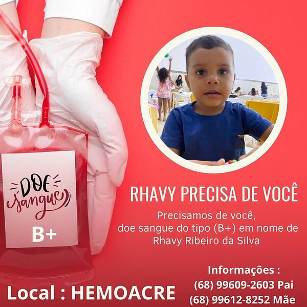 Família mobiliza campanha de doação de sangue para ajudar criança em tratamento contra leucemia