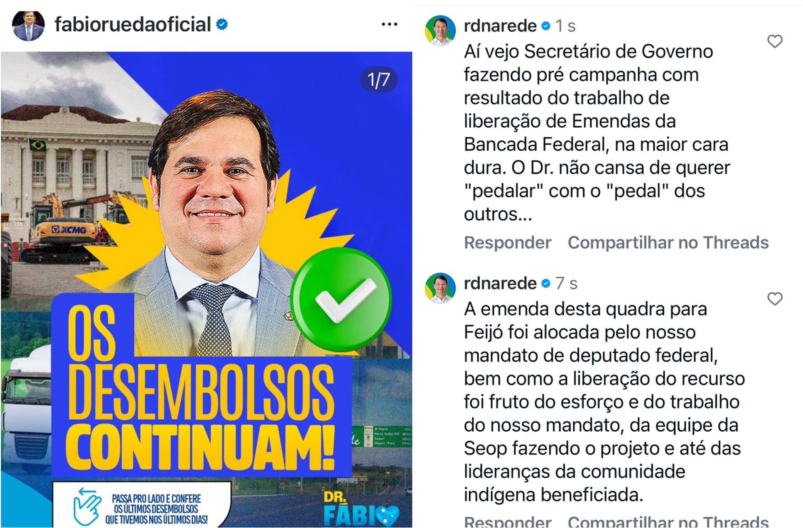 Duarte rebate postagem de Rueda sobre liberação de recursos para o Acre: 'quer pedalar com o pedal dos outros'