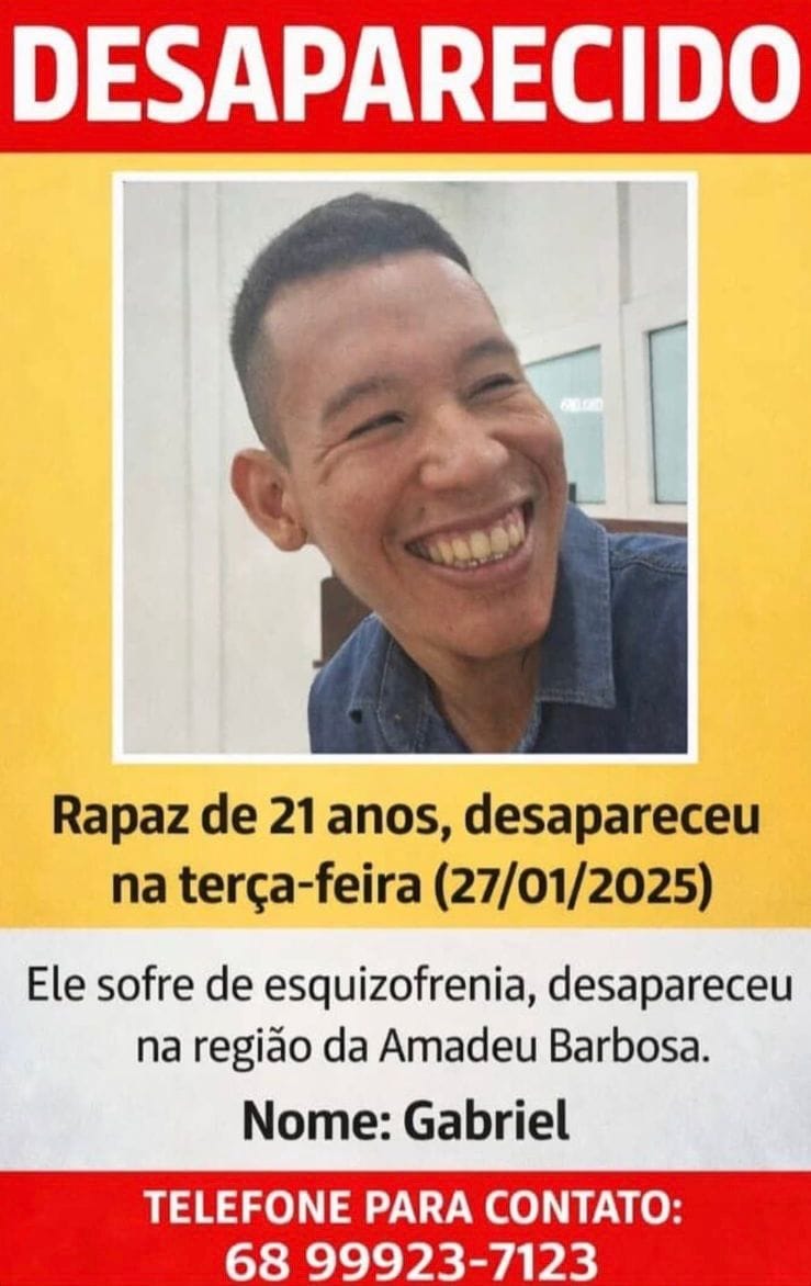 Jovem com esquizofrenia está desaparecido há quase uma semana em Rio Branco e família faz apelo
