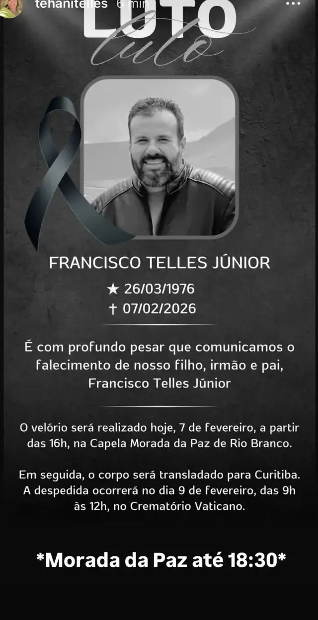 Após velório em Rio Branco, corpo do empresário Júnior Telles será cremado em Curitiba