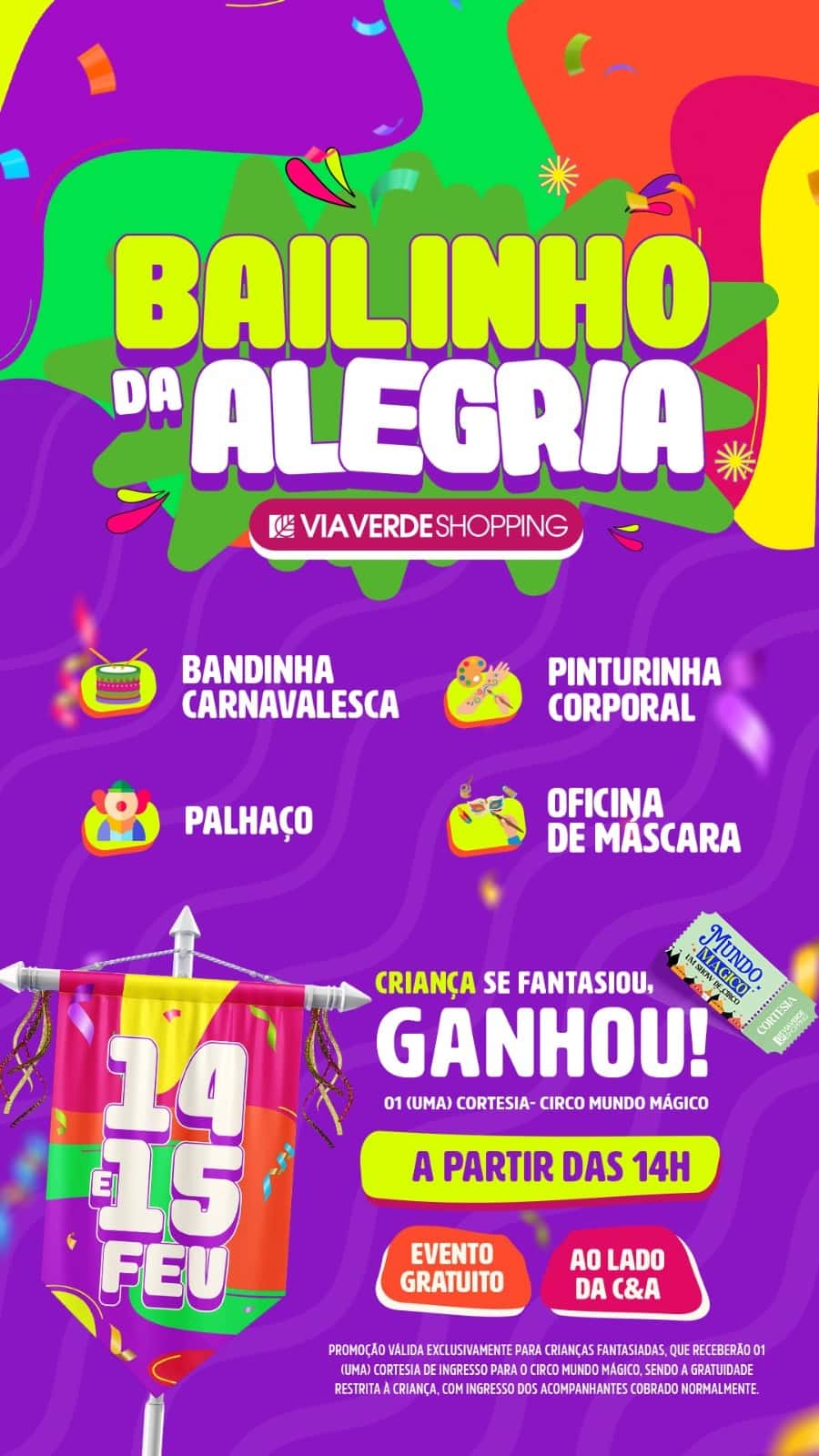 Bailinho de Carnaval infantil anima Via Verde Shopping com fantasias, música e atividades para crianças