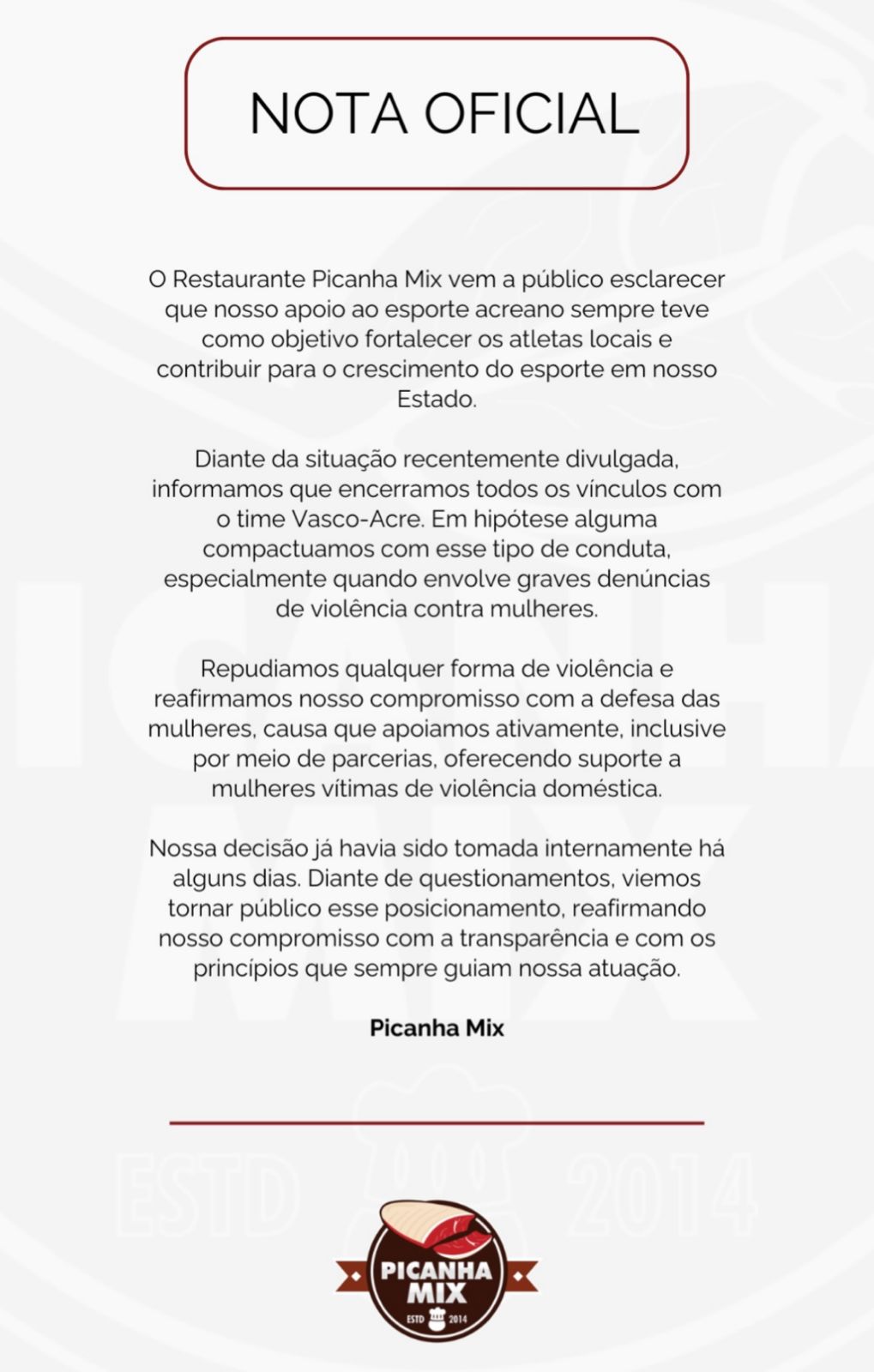 Restaurante também rompe patrocínio com Vasco-AC após denúncia de estupro coletivo envolvendo atletas 2 Restaurante também rompe patrocínio com Vasco-AC após denúncia de estupro coletivo envolvendo atletas