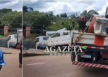 Carreta com madeira perde freio, para em poste e quase atinge casa em Rio Branco; VÍDEO