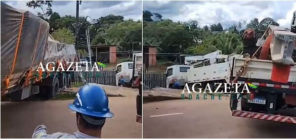 Carreta com madeira perde freio, para em poste e quase atinge casa em Rio Branco; VÍDEO