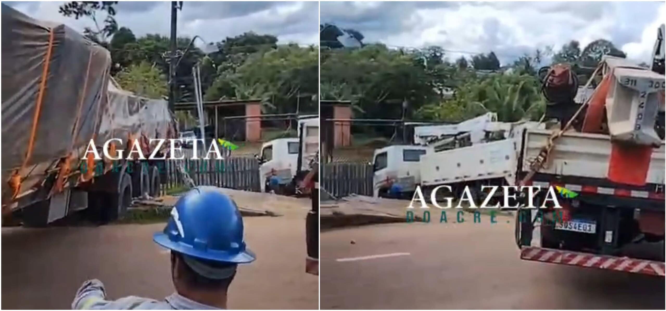 Carreta com madeira perde freio, para em poste e quase atinge casa em Rio Branco; VÍDEO