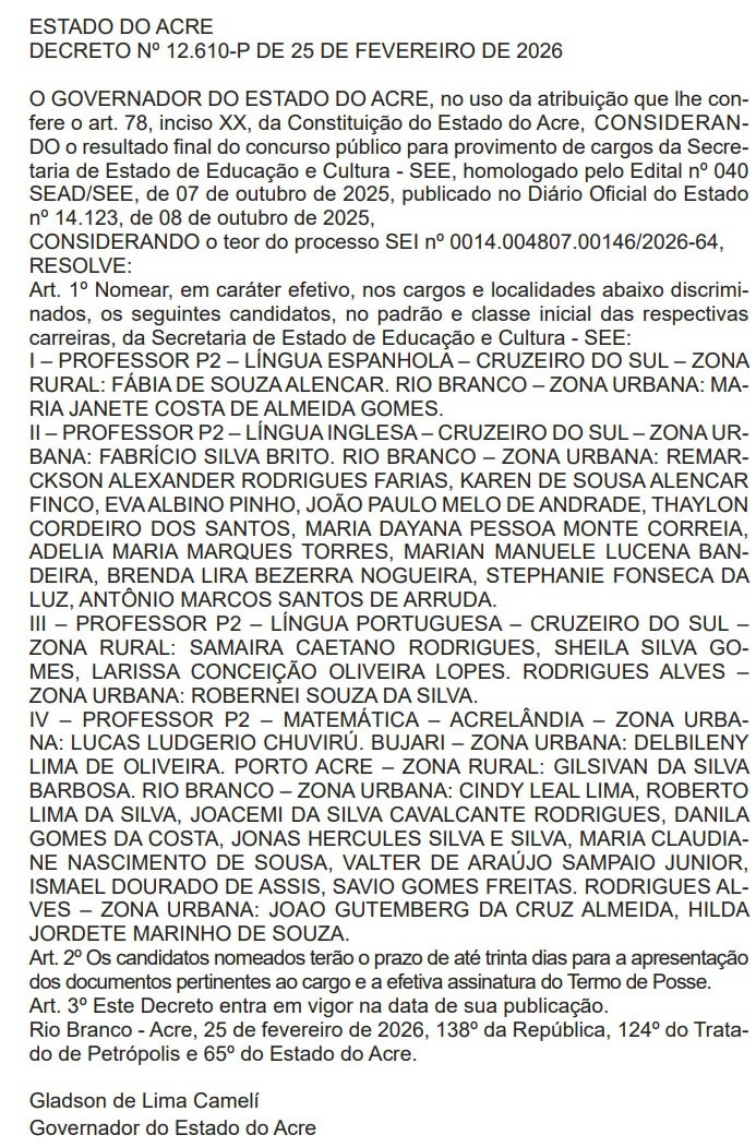 Concurso da Educação: governo nomeia professores de idiomas, português e matemática no Acre; confira lista
