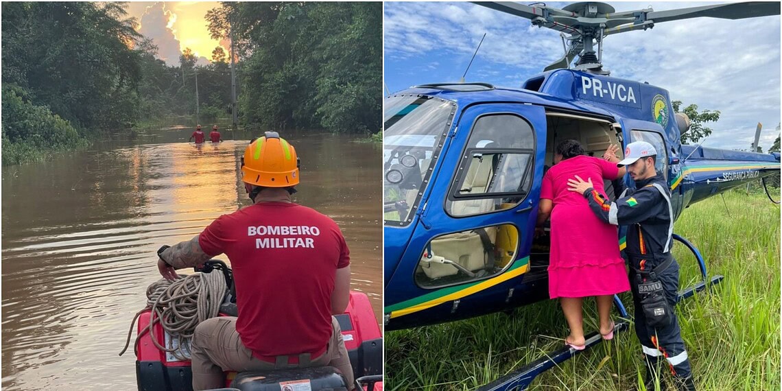 Gestante é resgatada de helicóptero após ficar isolada por alagamentos no interior do Acre
