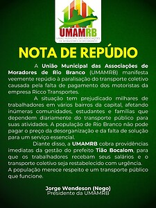 Entidade de moradores de Rio Branco repudia paralisação dos ônibus e cobra soluções da prefeitura