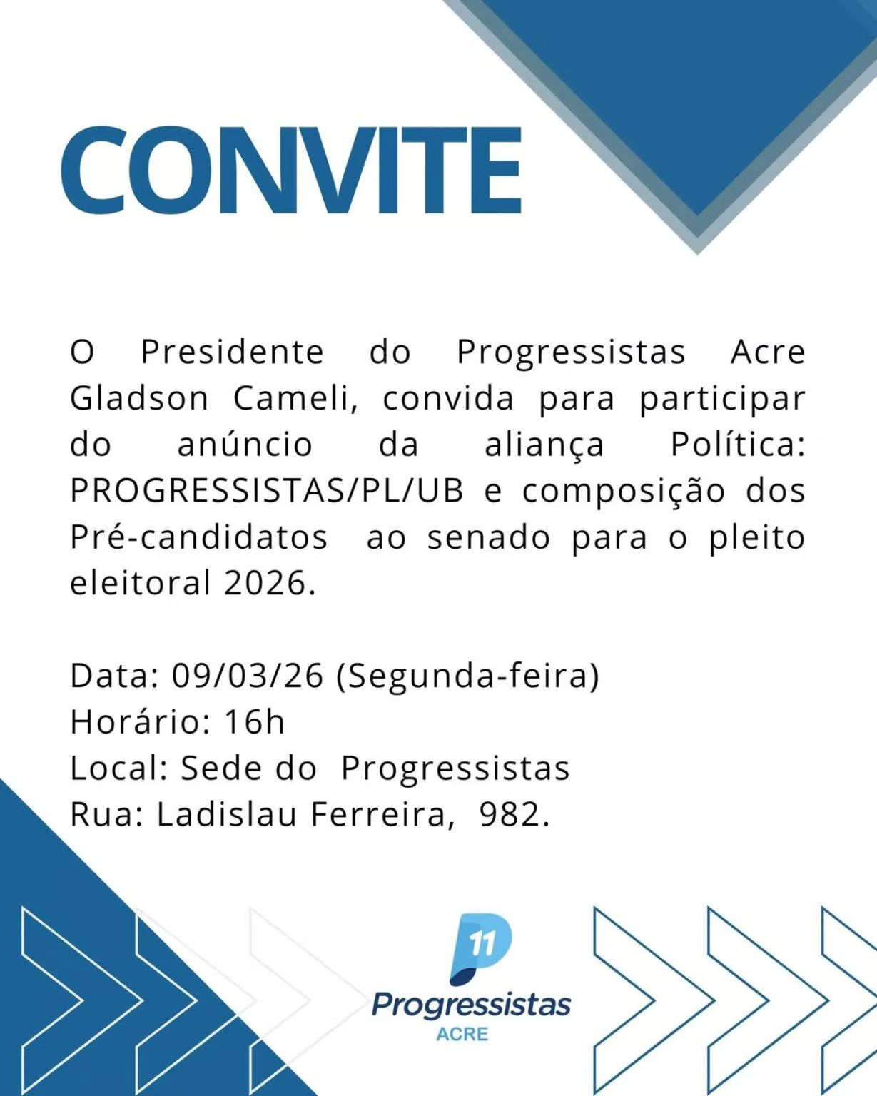 Gladson convoca reunião do PP para anunciar aliança com União Brasil e PL no Acre