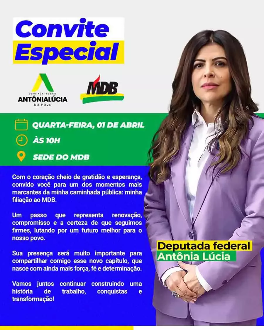 Antônia Lúcia deixa Republicanos e se filia ao MDB em ato marcado para esta quarta, 1º, no Acre 2 Antônia Lúcia deixa Republicanos e se filia ao MDB em ato marcado para esta quarta, 1º, no Acre