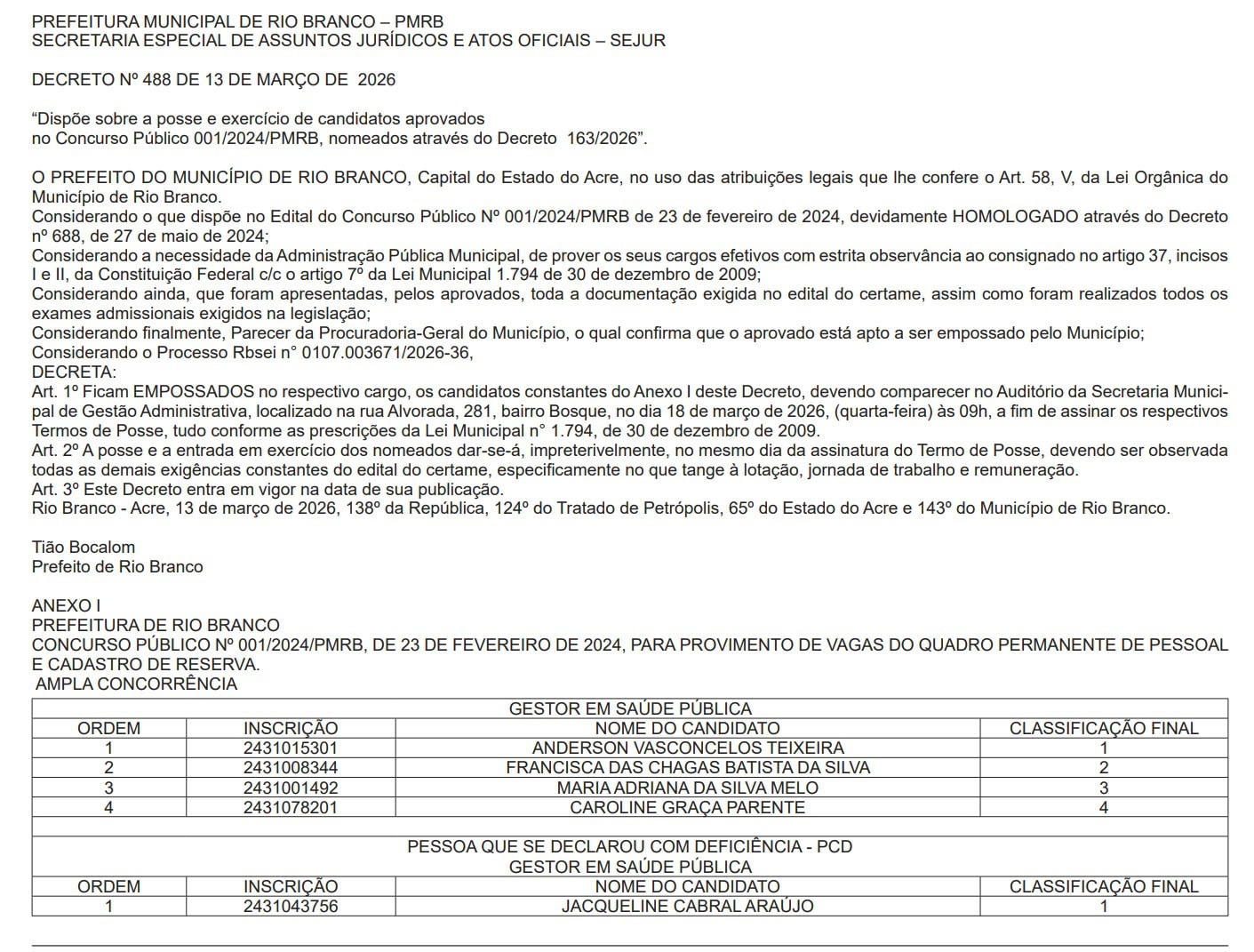 Prefeitura de Rio Branco convoca aprovados em concurso para posse; veja lista