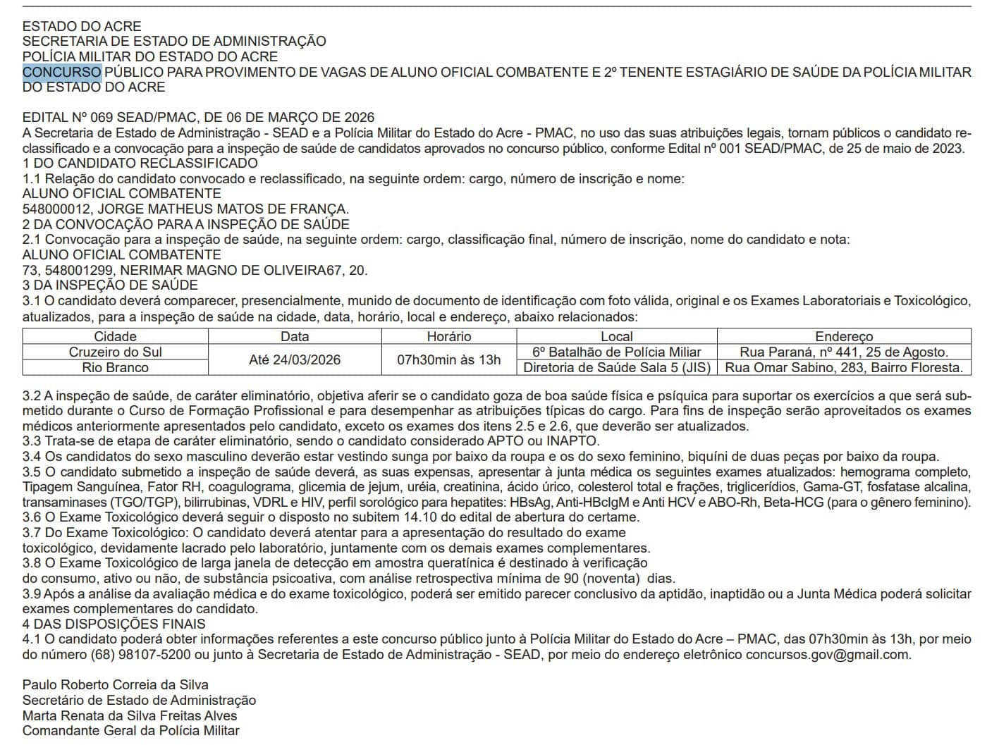 PM do Acre convoca candidatos de concurso para inspeção de saúde; veja nomes e prazos