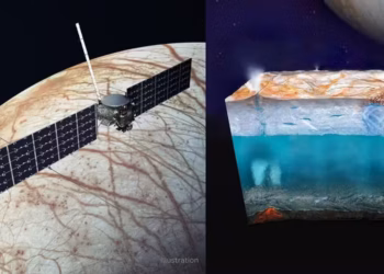 Ilustração artística mostra Europa, uma das luas de Júpiter considerada um “mundo oceânico”. À esquerda aparece a superfície gelada da lua; à direita, uma representação do oceano de água líquida escondido sob o gelo. — Foto: Nasa