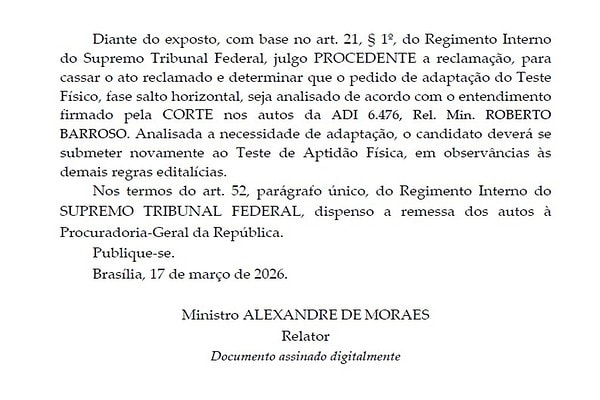 Moraes determina novo TAF para candidato com nanismo em prova da PCMG