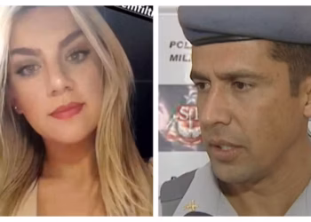 A PM Gisele Alves Santana e o tenente-coronel Geraldo Neto, acusado de assassinar a mulher no apartamento onde eles viviam, no Centro de São Paulo. — Foto: Reprodução/TV Globo